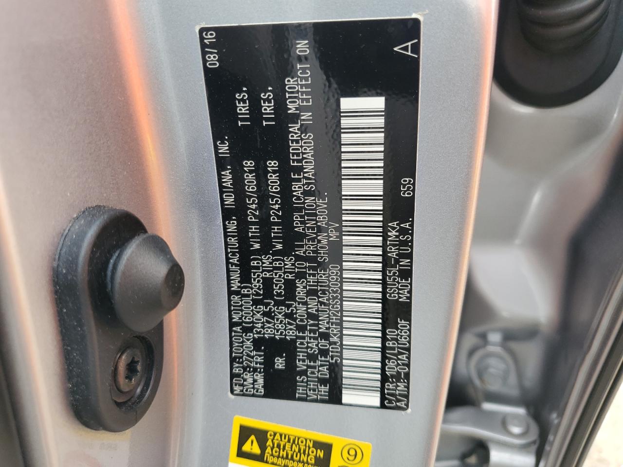 5TDJKRFH2GS330990 TOYOTA HIGHLANDER 2016
