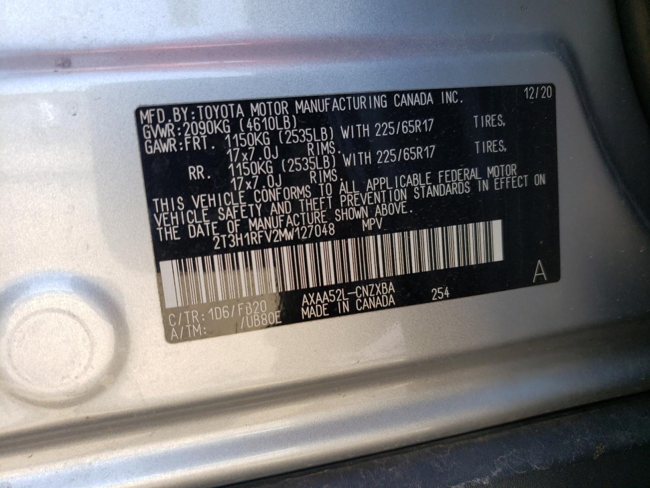 2T3H1RFV2MW127048 2021 Toyota Rav4 Le