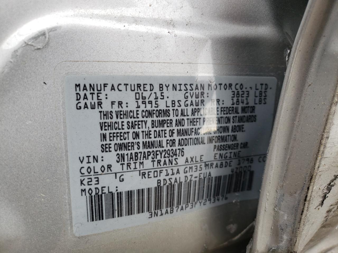 3N1AB7AP3FY293476 2015 Nissan Sentra S