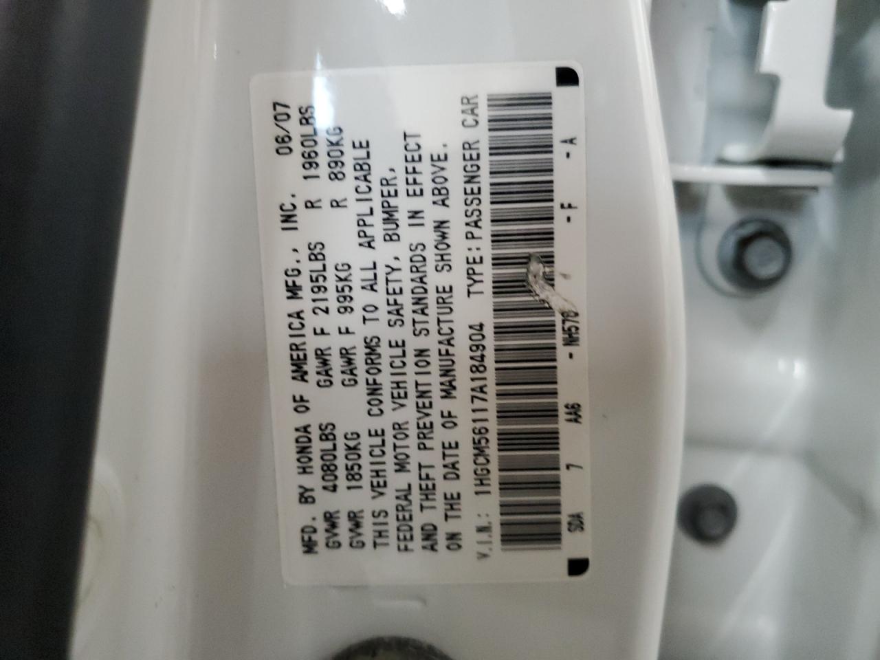 1HGCM56117A184904 2007 Honda Accord Value