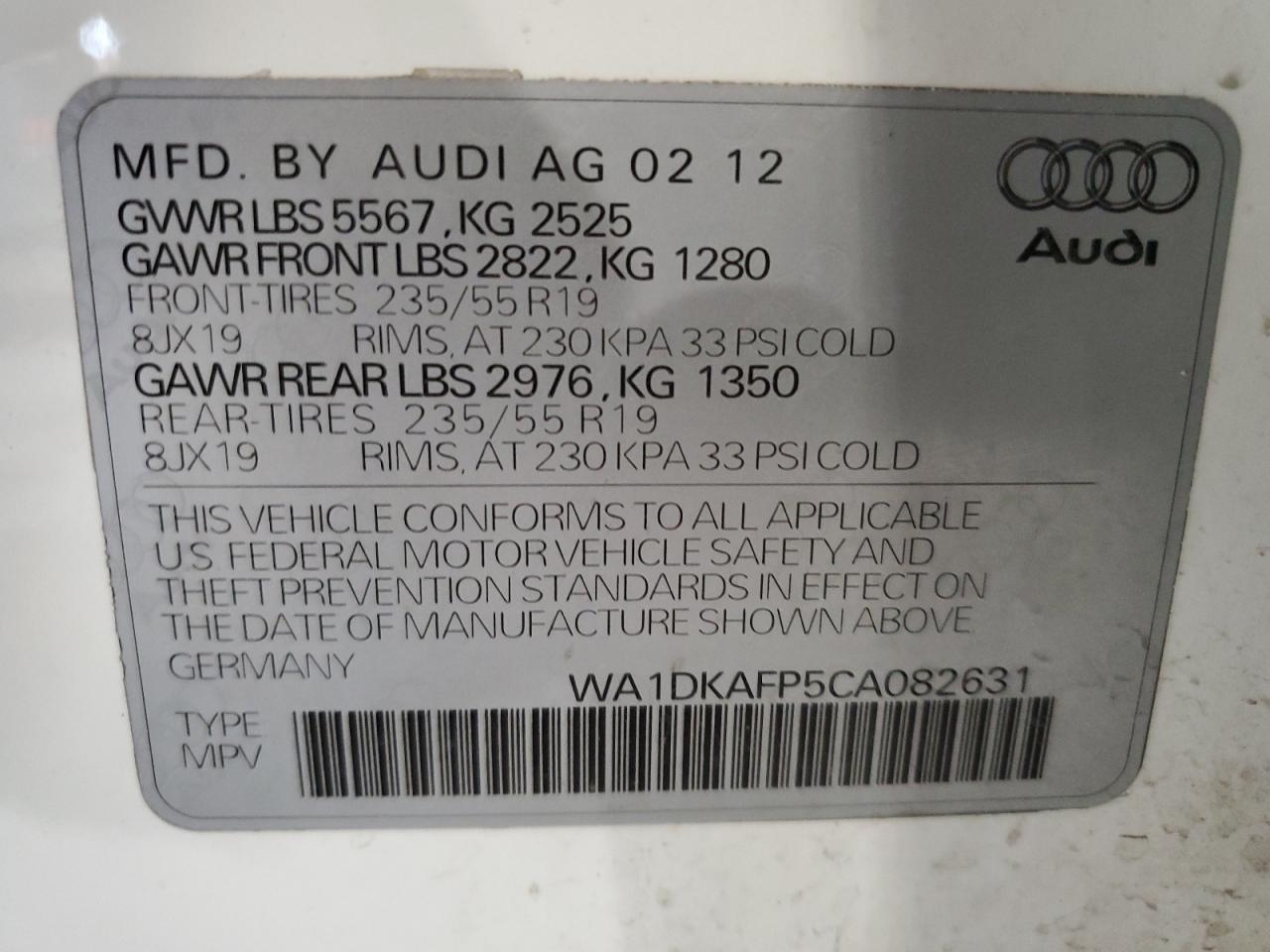 WA1DKAFP5CA082631 2012 Audi Q5 Premium Plus