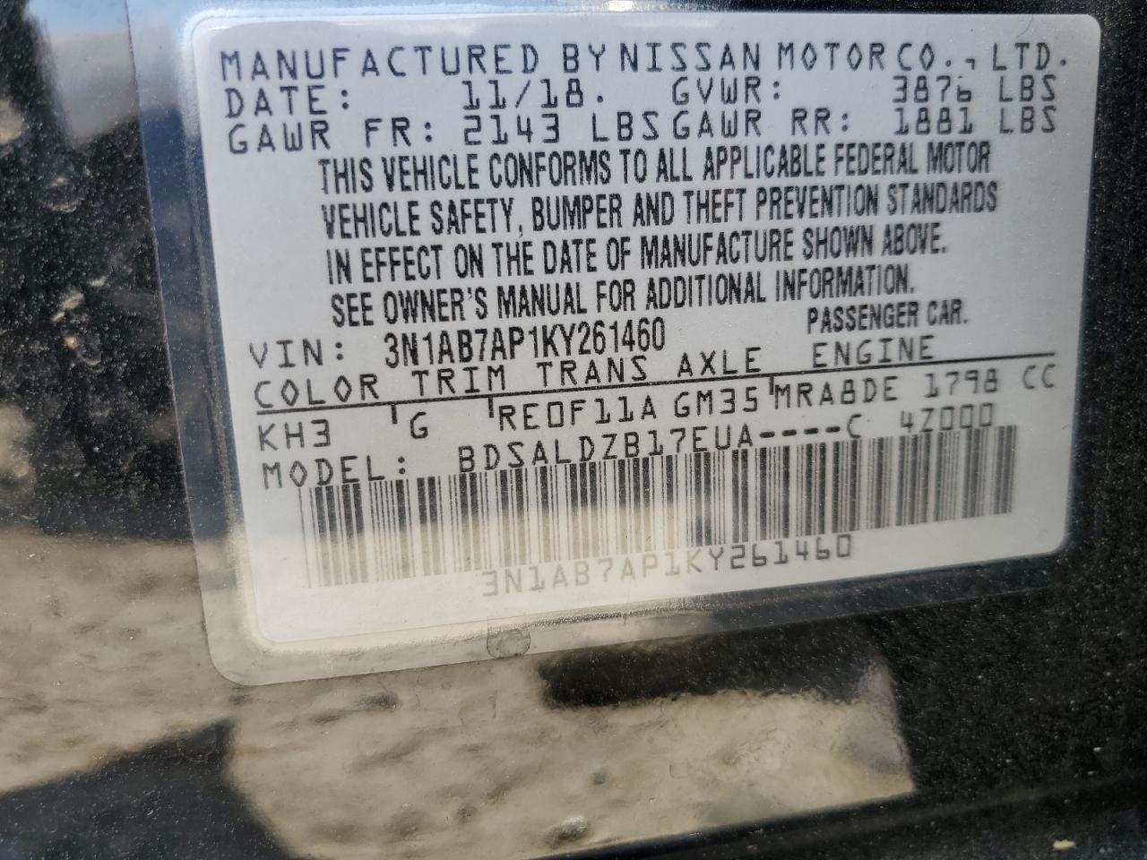 2019 Nissan Sentra S vin: 3N1AB7AP1KY261460