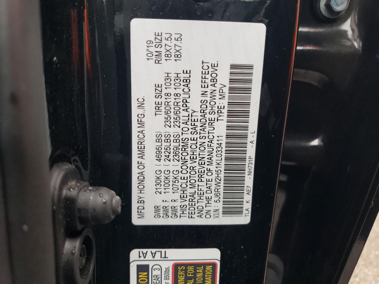 5J6RW2H51KL033411 HONDA CRV 2019