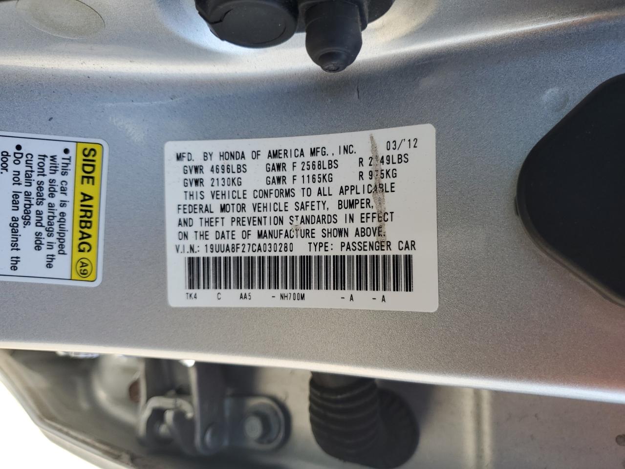 19UUA8F27CA030280 2012 Acura Tl