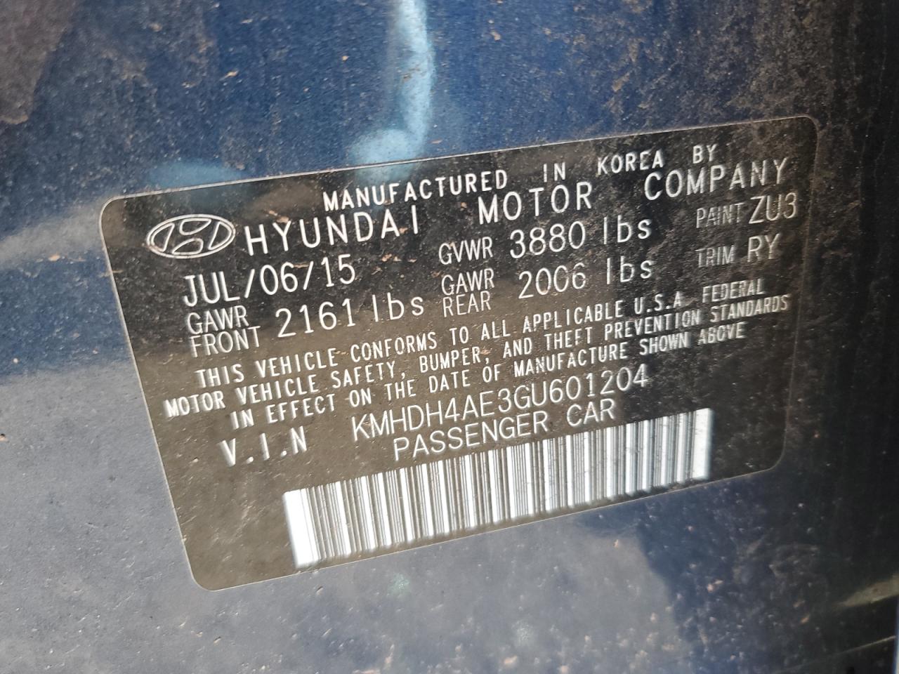 KMHDH4AE3GU601204 2016 Hyundai Elantra Se