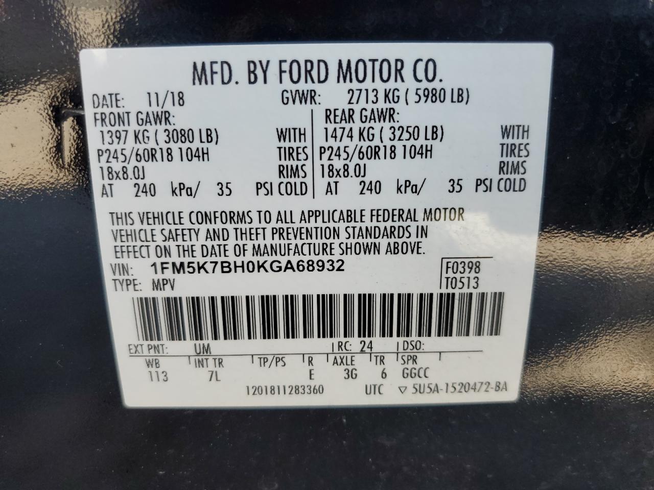1FM5K7BH0KGA68932 FORD EXPLORER 2019