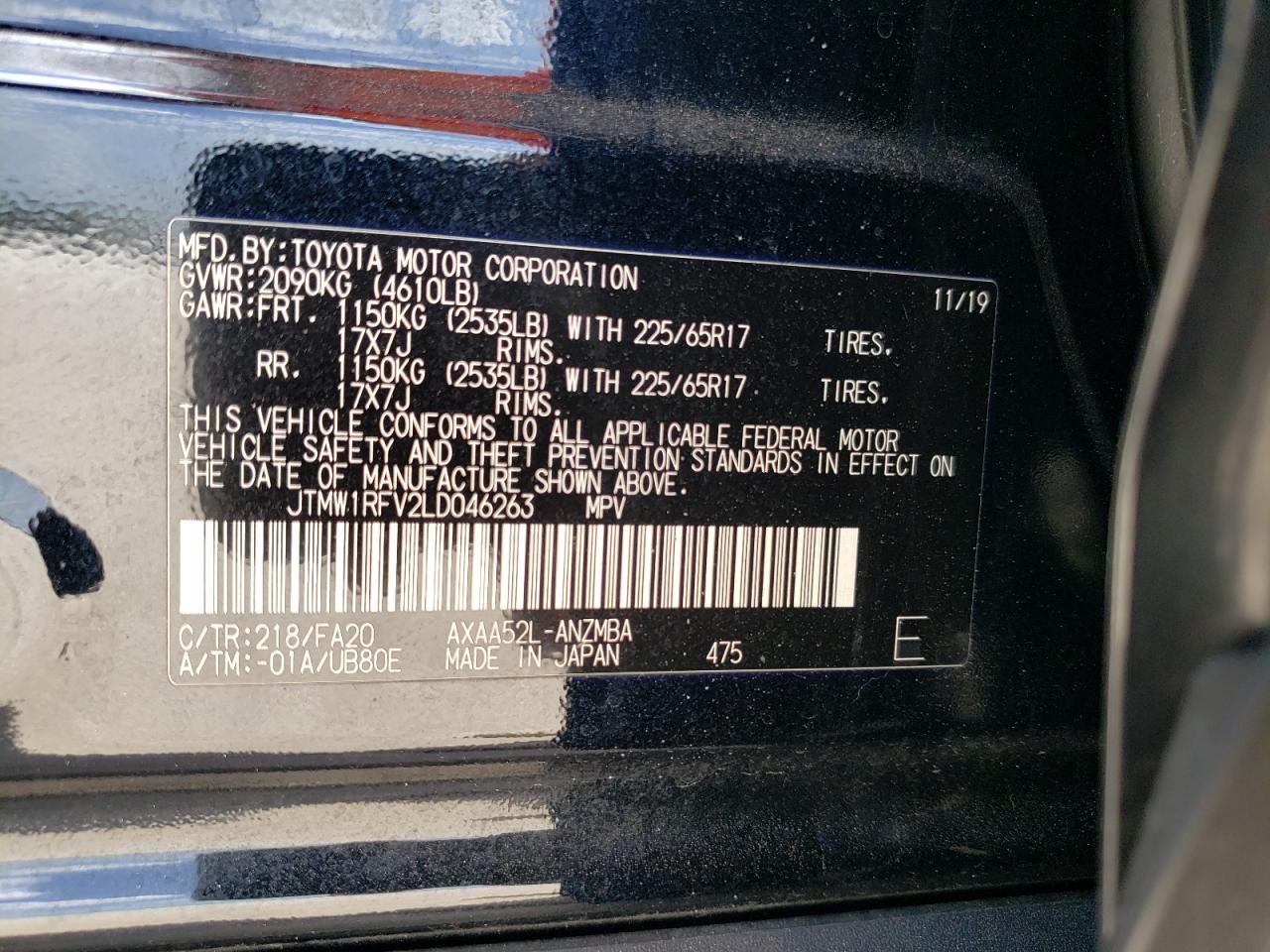 JTMW1RFV2LD046263 2020 Toyota Rav4 Xle