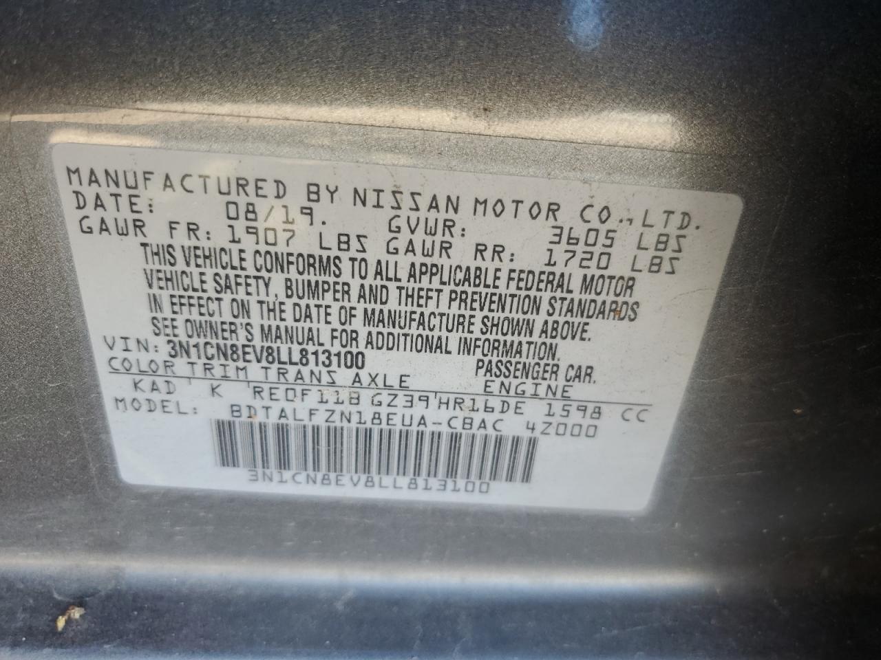 3N1CN8EV8LL813100 NISSAN VERSA 2020