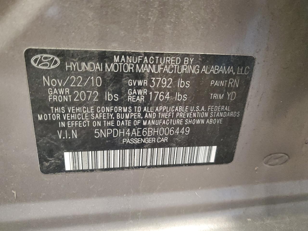 5NPDH4AE6BH006449 2011 Hyundai Elantra Gls