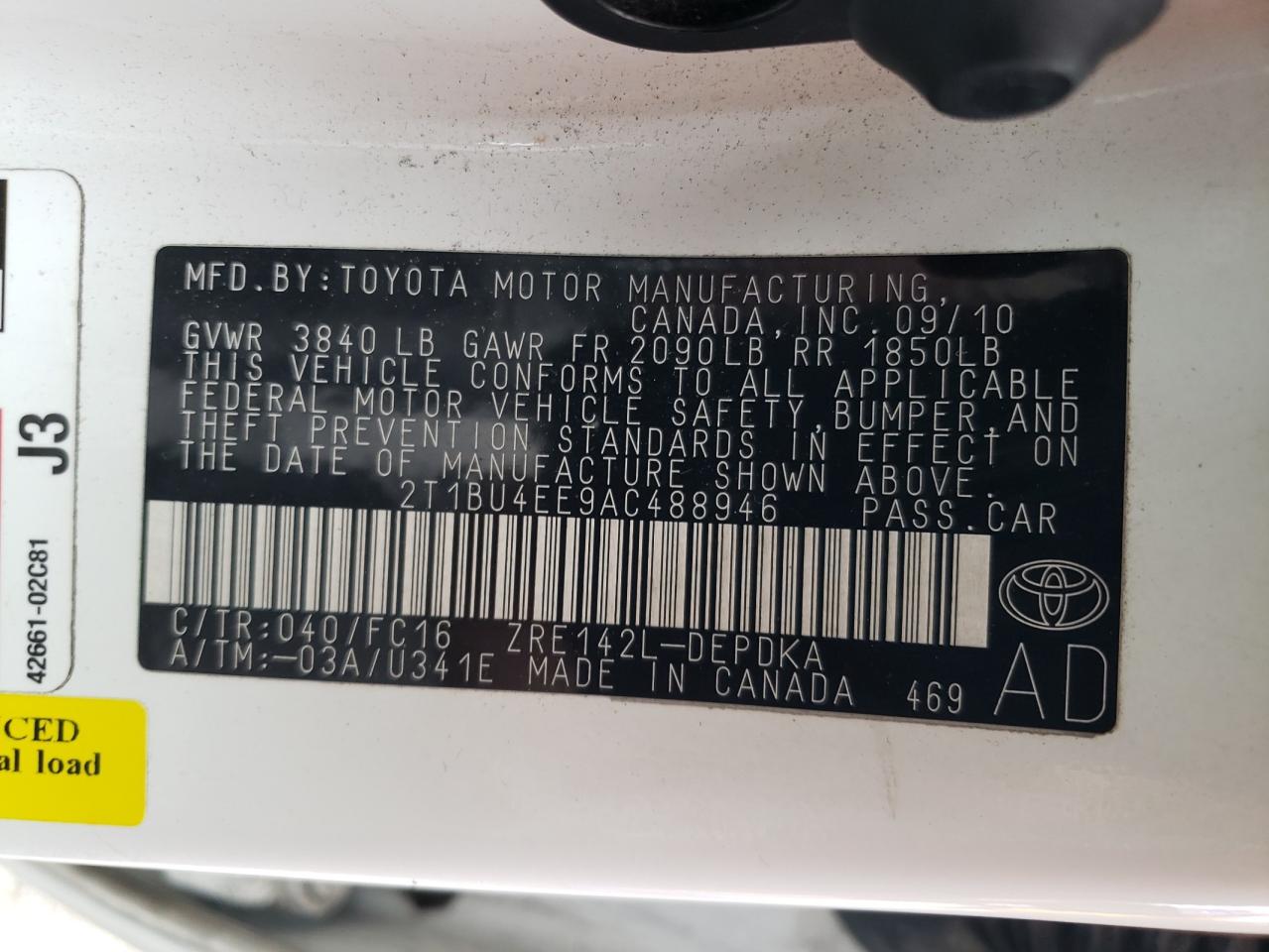 2T1BU4EE9AC488946 2010 Toyota Corolla Base