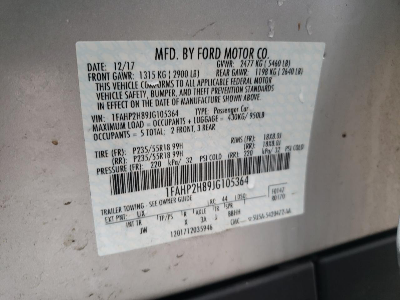 1FAHP2H89JG105364 FORD TAURUS 2018