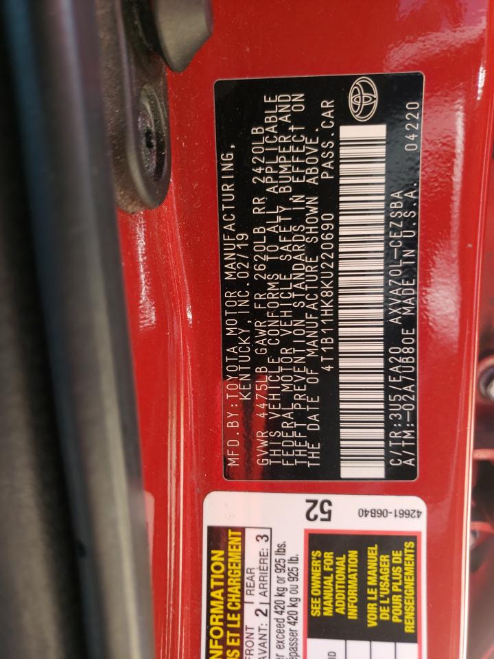 4T1B11HK8KU220690 TOYOTA CAMRY 2019