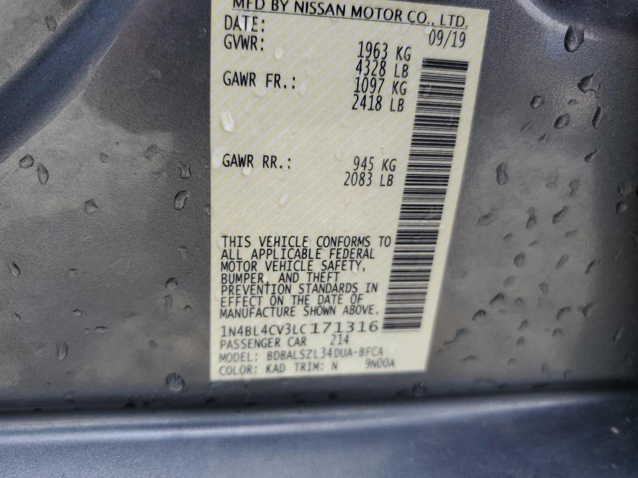 1N4BL4CV3LC171316 NISSAN ALTIMA 2020