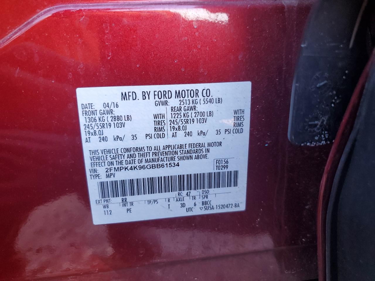 2FMPK4K96GBB61534 FORD EDGE 2016