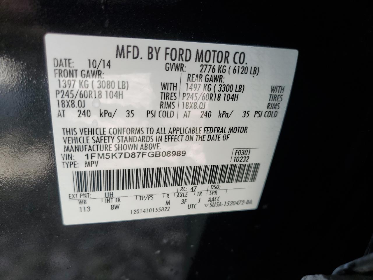 1FM5K7D87FGB08989 2015 Ford Explorer Xlt