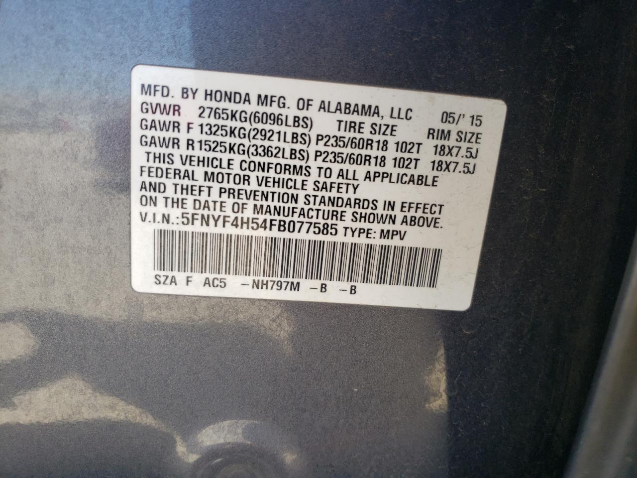 5FNYF4H54FB077585 2015 Honda Pilot Exl