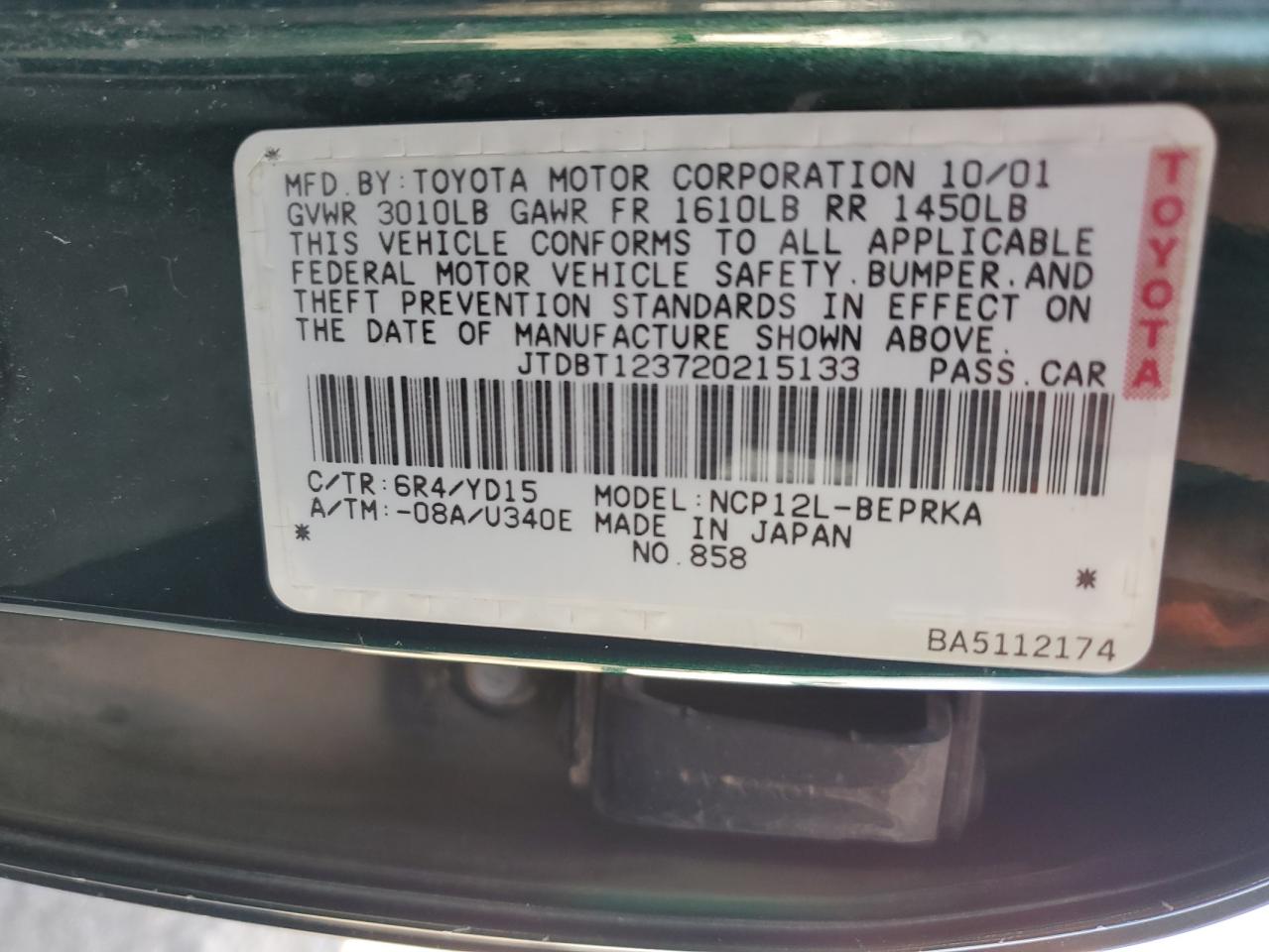 JTDBT123720215133 2002 Toyota Echo