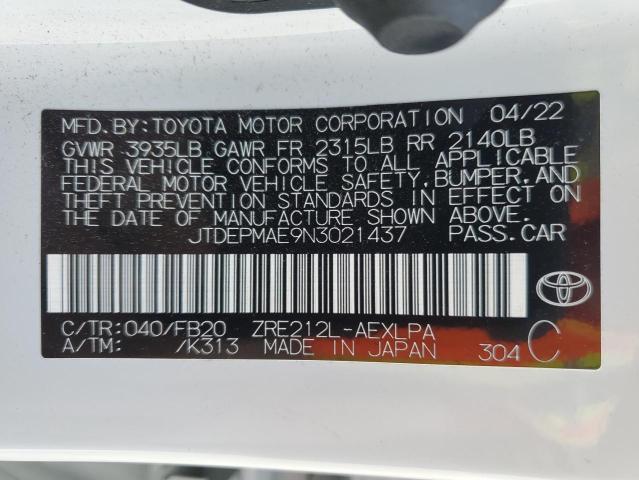 JTDEPMAE9N3021437 | 2022 Toyota corolla le