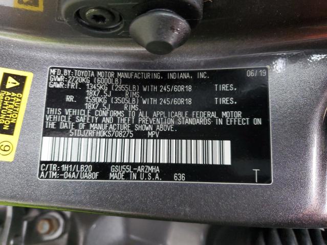 VIN 5TDJZRFH0KS708275 2019 Toyota Highlander, SE no.13