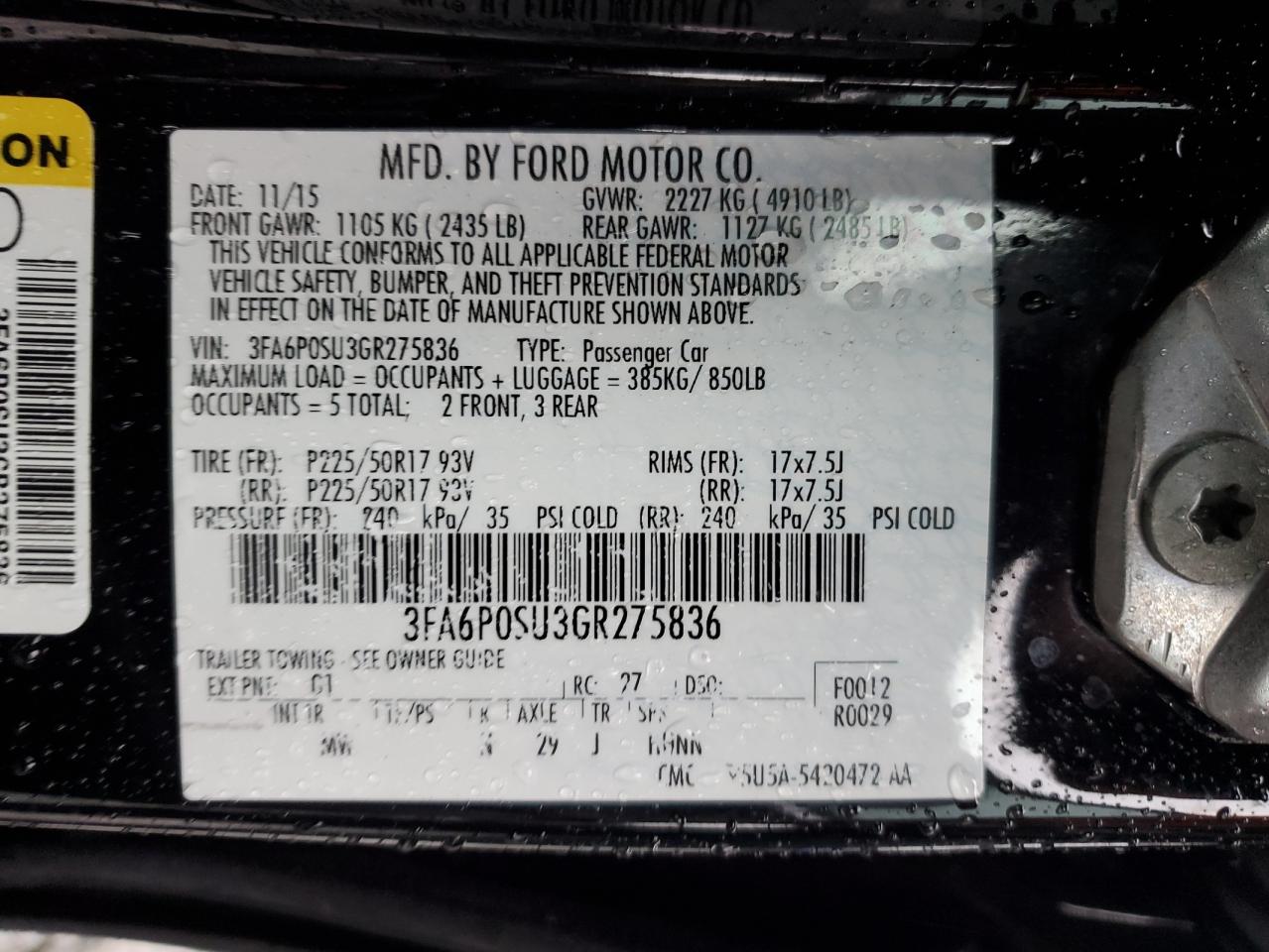 3FA6P0SU3GR275836 FORD FUSION 2016