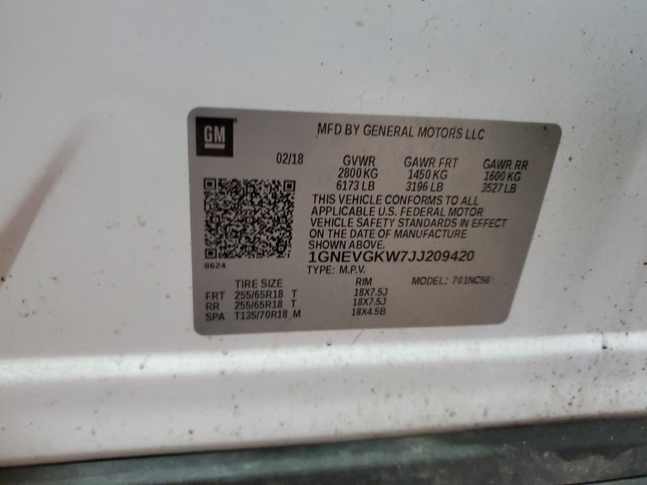 1GNEVGKW7JJ209420 CHEVROLET TRAVERSE 2018