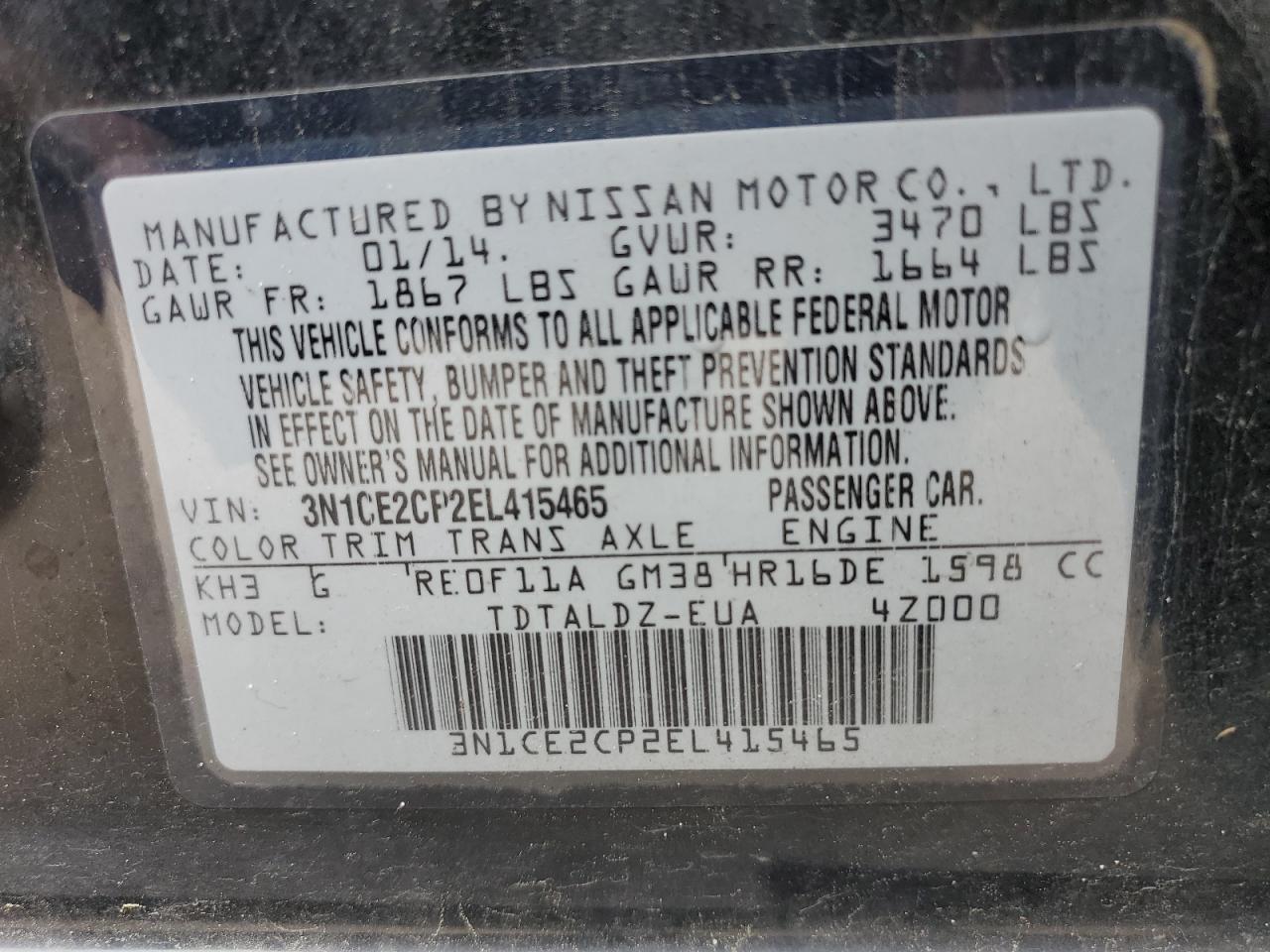 3N1CE2CP2EL415465 2014 Nissan Versa Note S