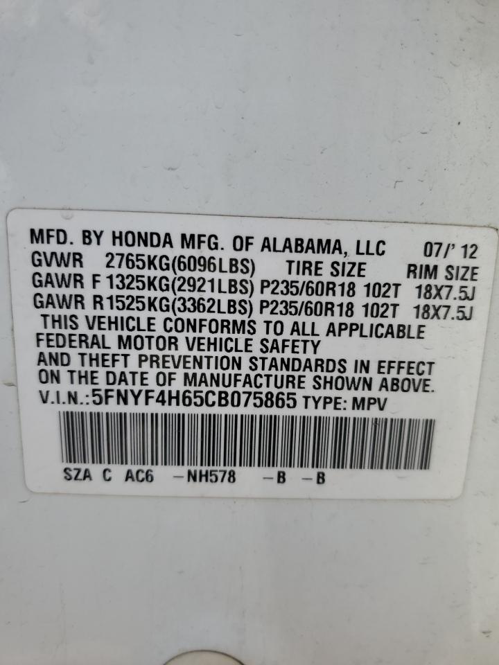 5FNYF4H65CB075865 2012 Honda Pilot Exl