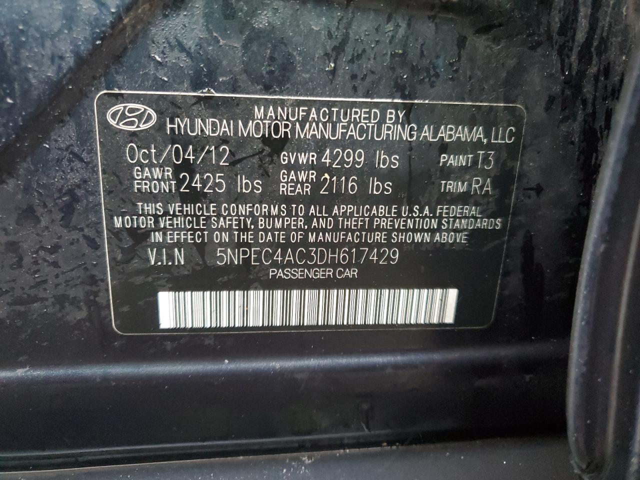 5NPEC4AC3DH617429 2013 Hyundai Sonata Se