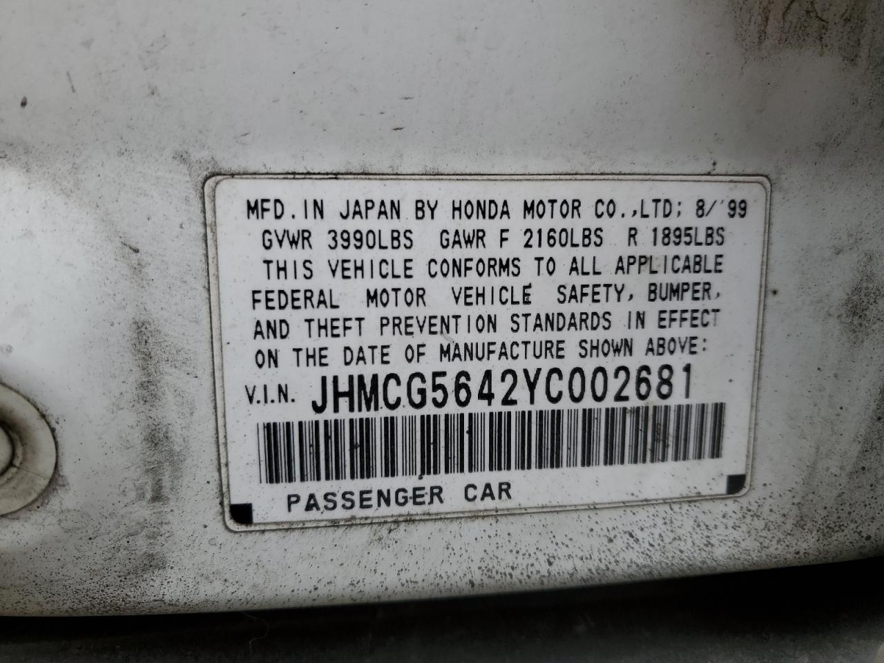 JHMCG5642YC002681 2000 Honda Accord Lx