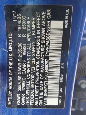 2018 Honda Civic Sport VIN: SHHFK7H48JU406257 Lot: 51240944