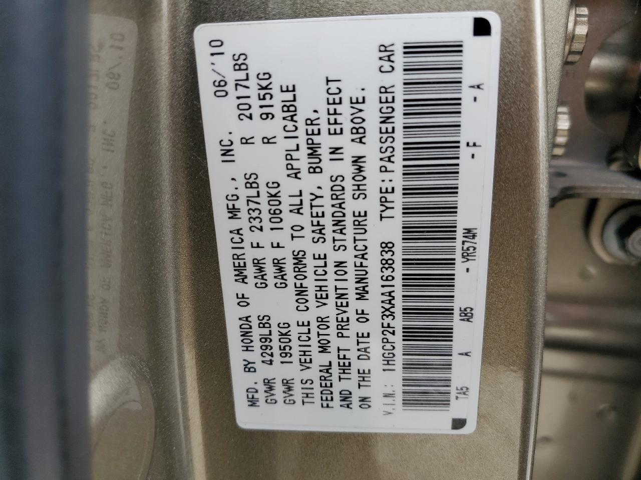 1HGCP2F3XAA163838 2010 Honda Accord Lx