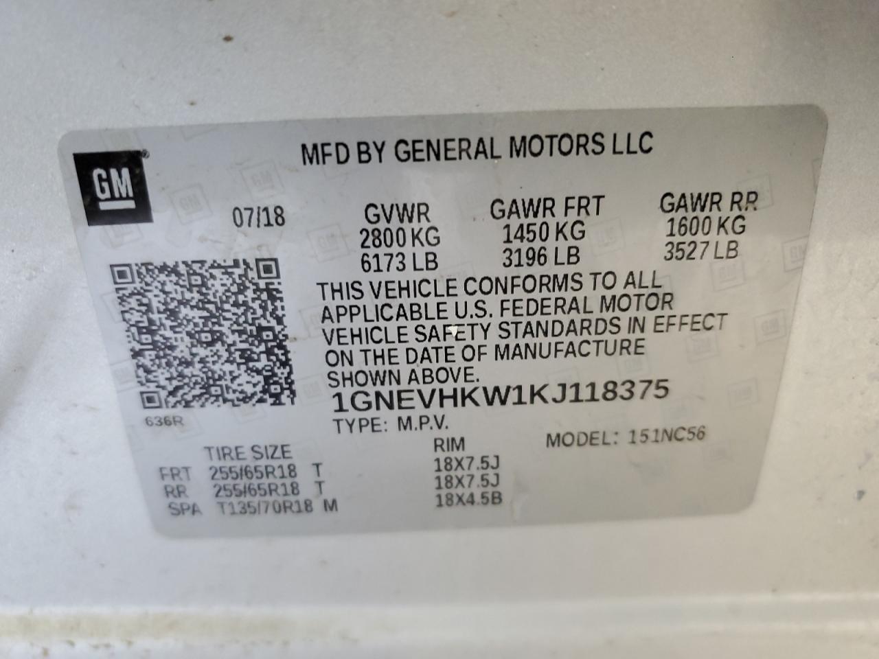 1GNEVHKW1KJ118375 CHEVROLET TRAVERSE 2019