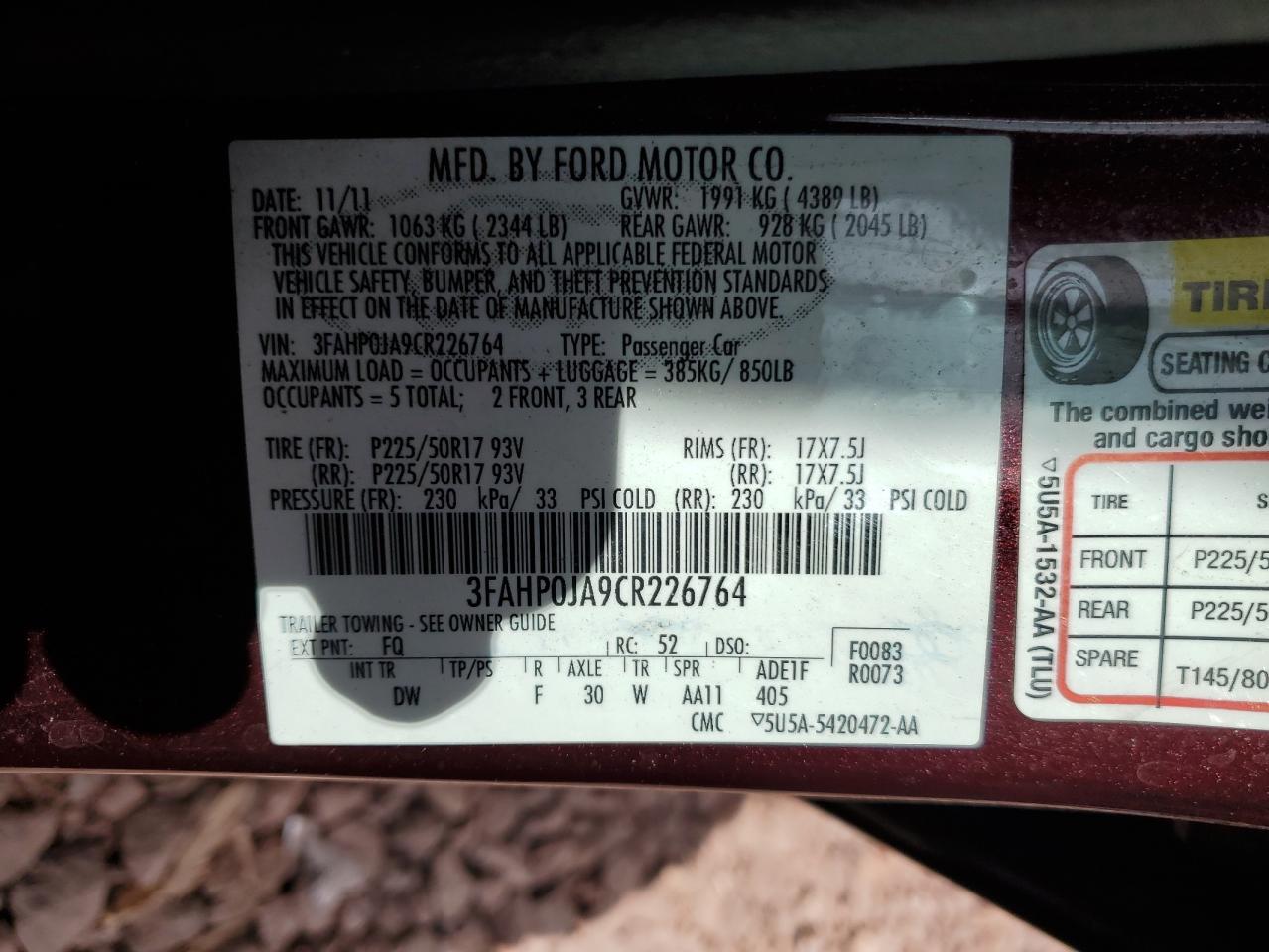 3FAHP0JA9CR226764 2012 Ford Fusion Sel