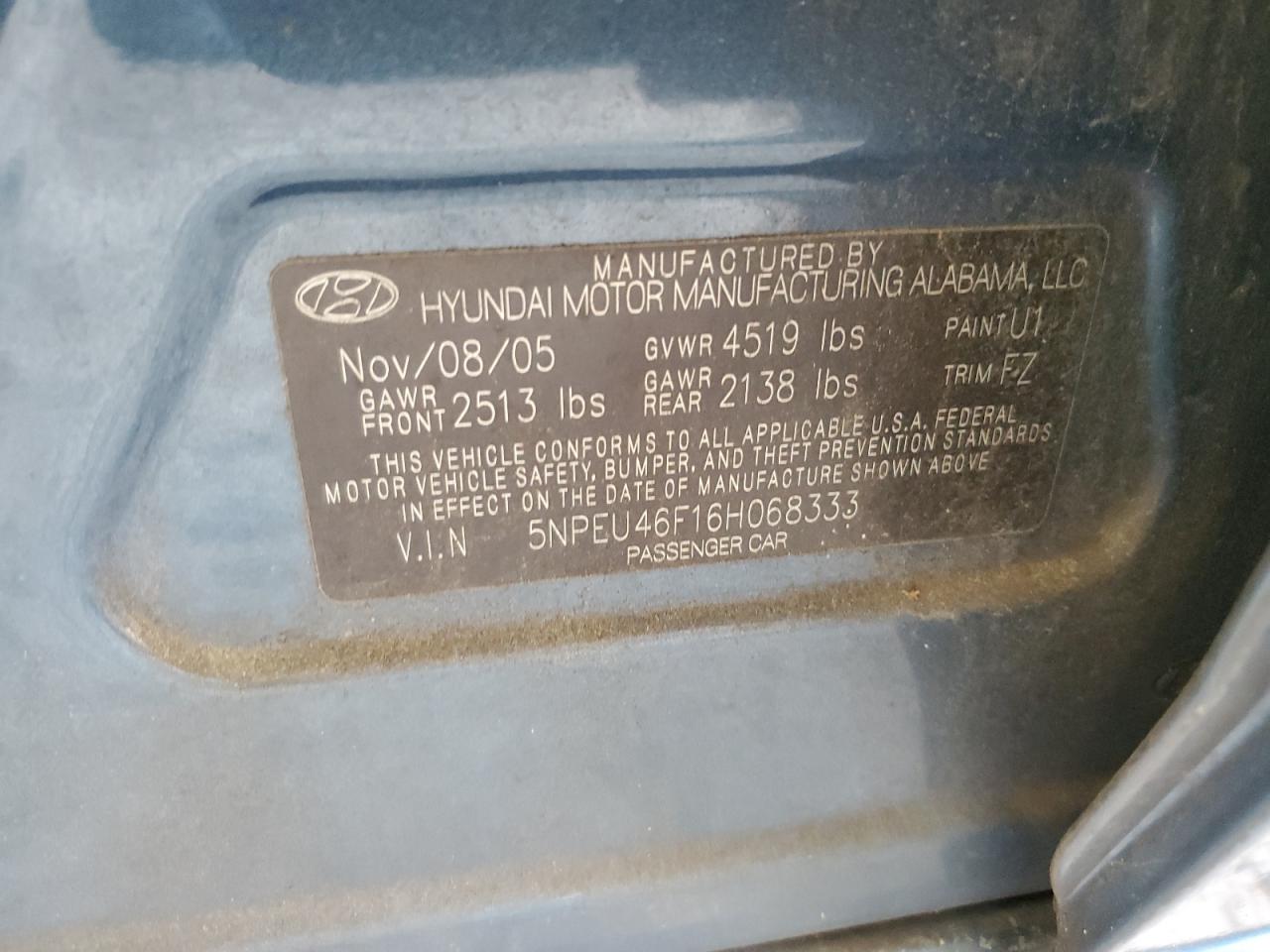 5NPEU46F16H068333 2006 Hyundai Sonata Gls