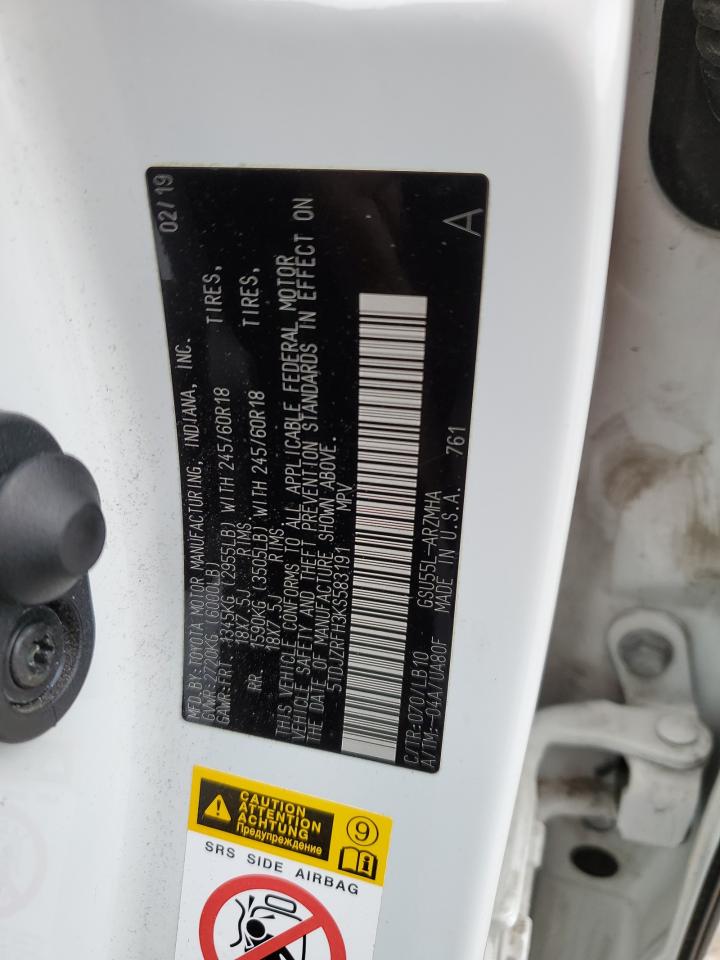 5TDJZRFH3KS583191 TOYOTA HIGHLANDER 2019