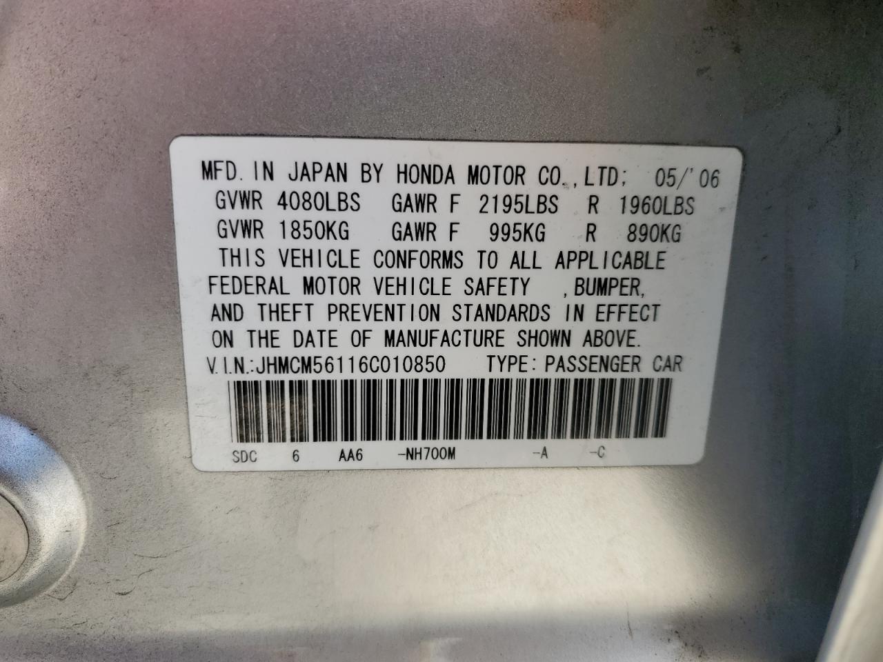 JHMCM56116C010850 2006 Honda Accord Value