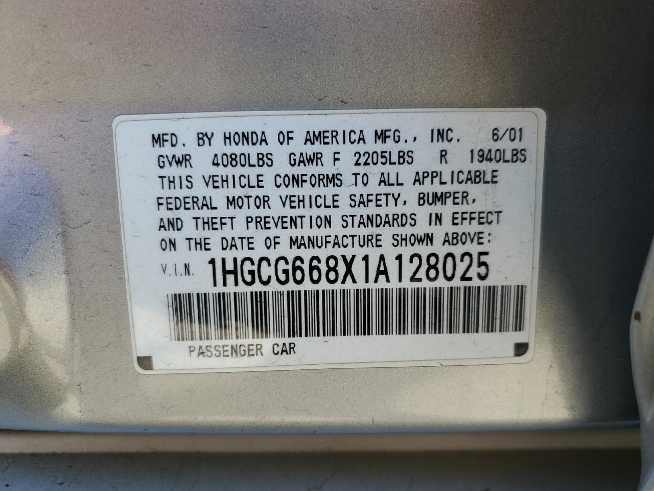 1HGCG668X1A128025 2001 Honda Accord Ex