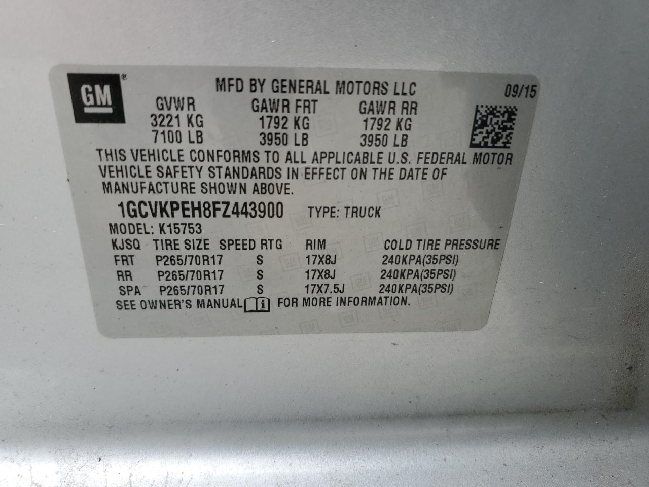 1GCVKPEH8FZ443900 2015 Chevrolet Silverado K1500