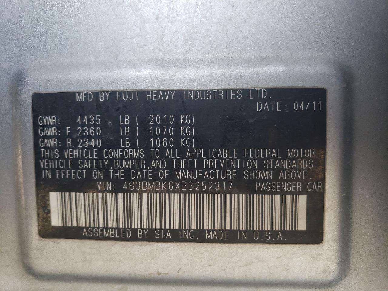 4S3BMBK6XB3252317 2011 Subaru Legacy 2.5I Limited