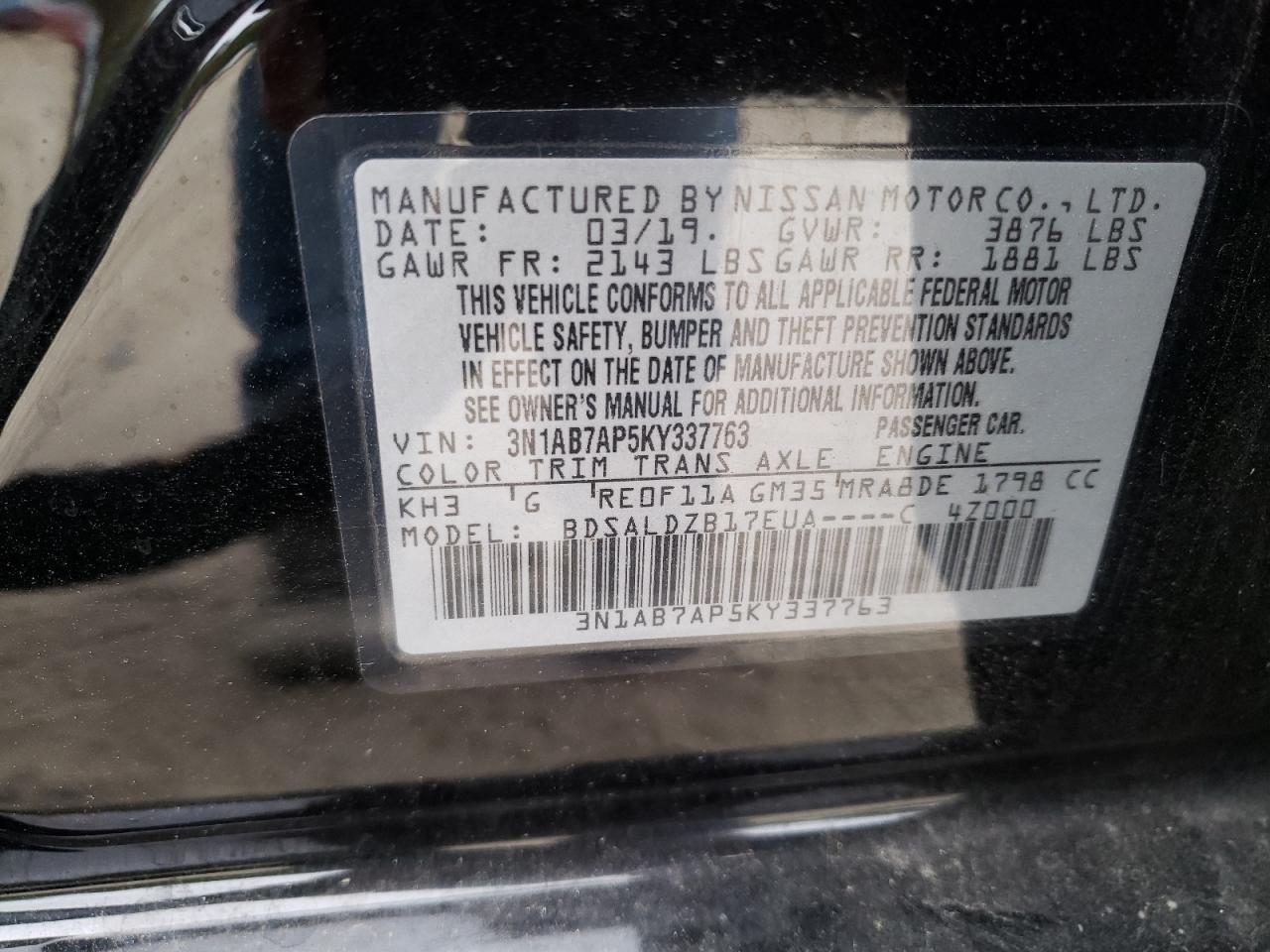 3N1AB7AP5KY337763 2019 Nissan Sentra S