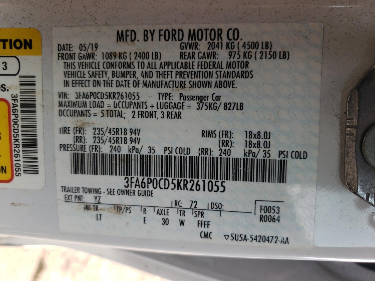 3FA6P0CD5KR261055 FORD FUSION 2019