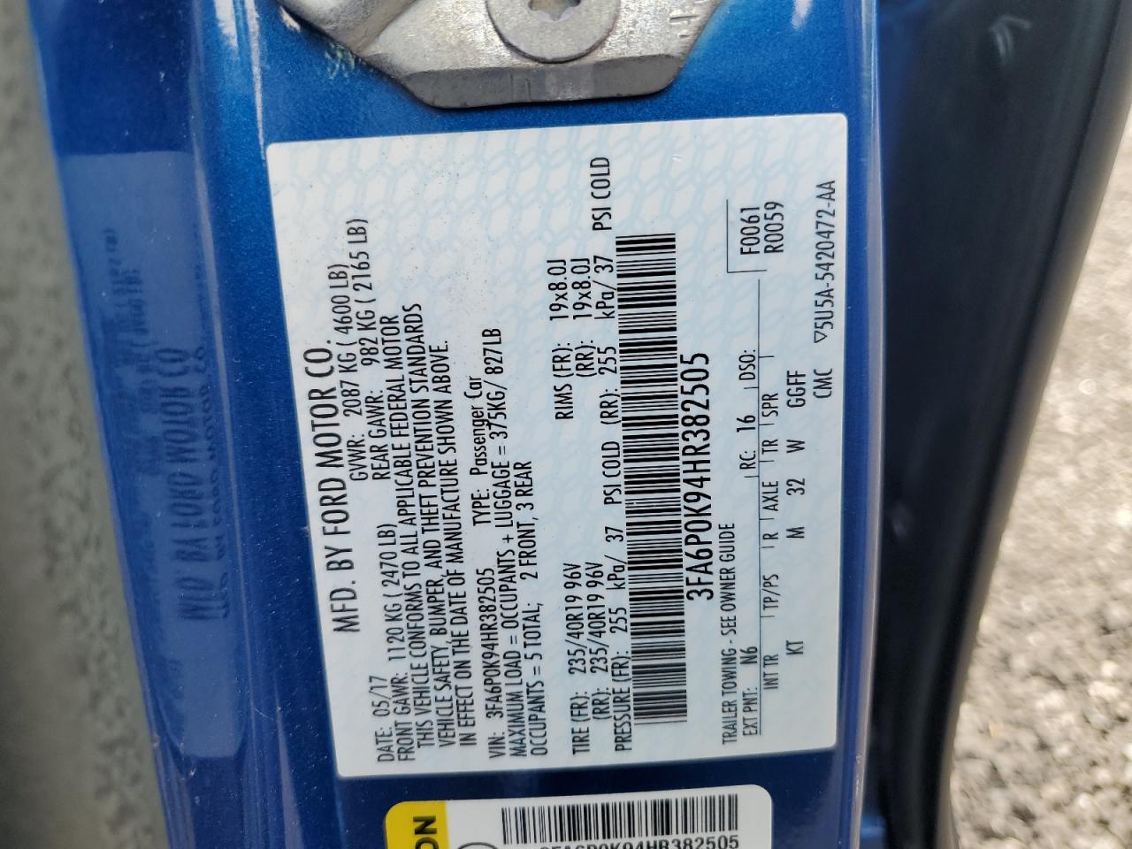 3FA6P0K94HR382505 FORD FUSION 2017