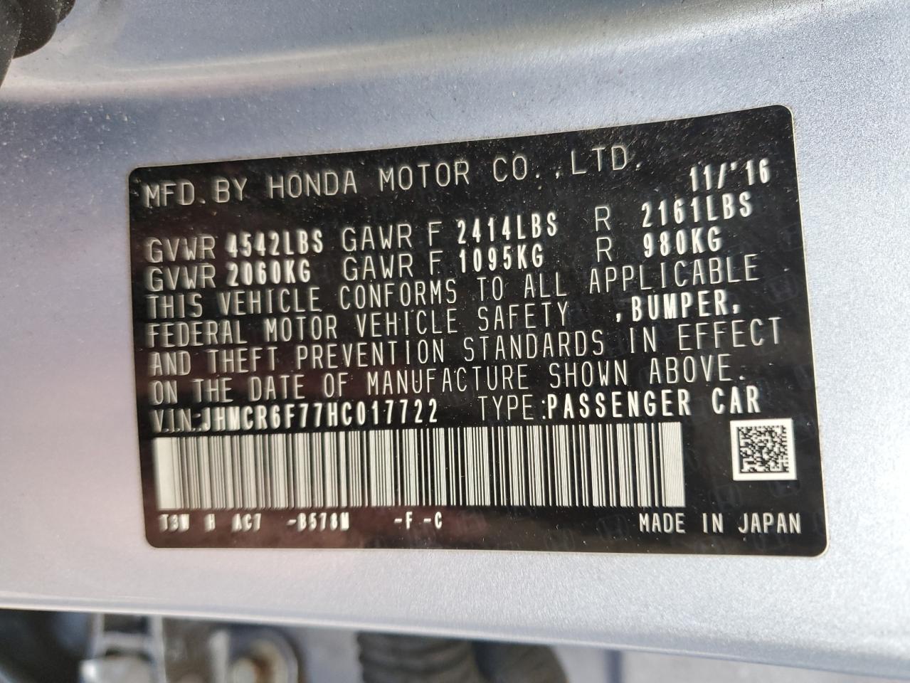 JHMCR6F77HC017722 HONDA ACCORD 2017