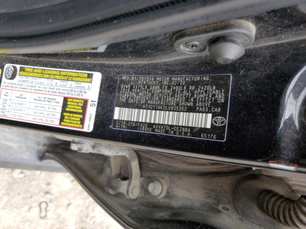 4T1C11AK2LU935352 2020 Toyota Camry Le