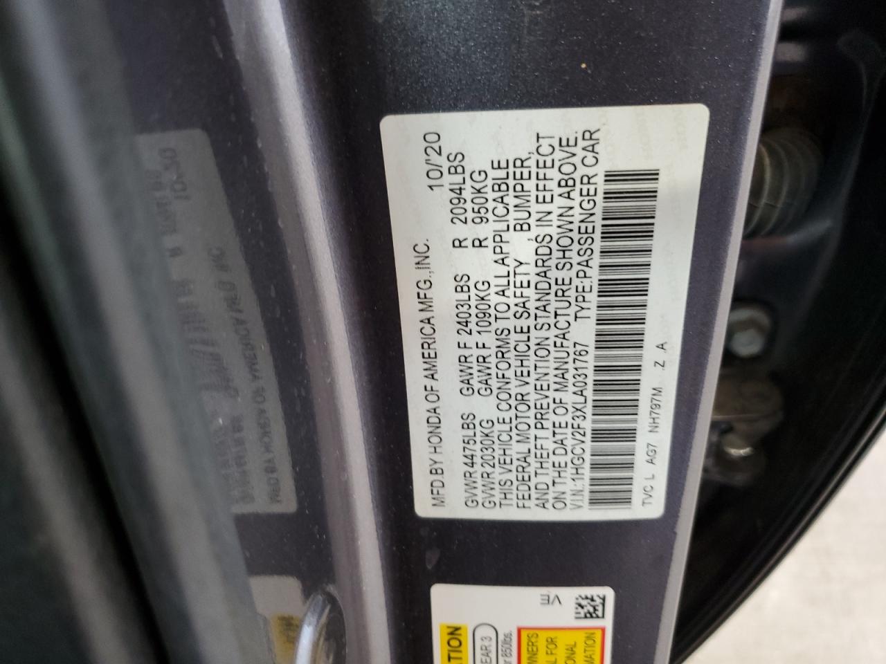 1HGCV2F3XLA031767 HONDA ACCORD 2020