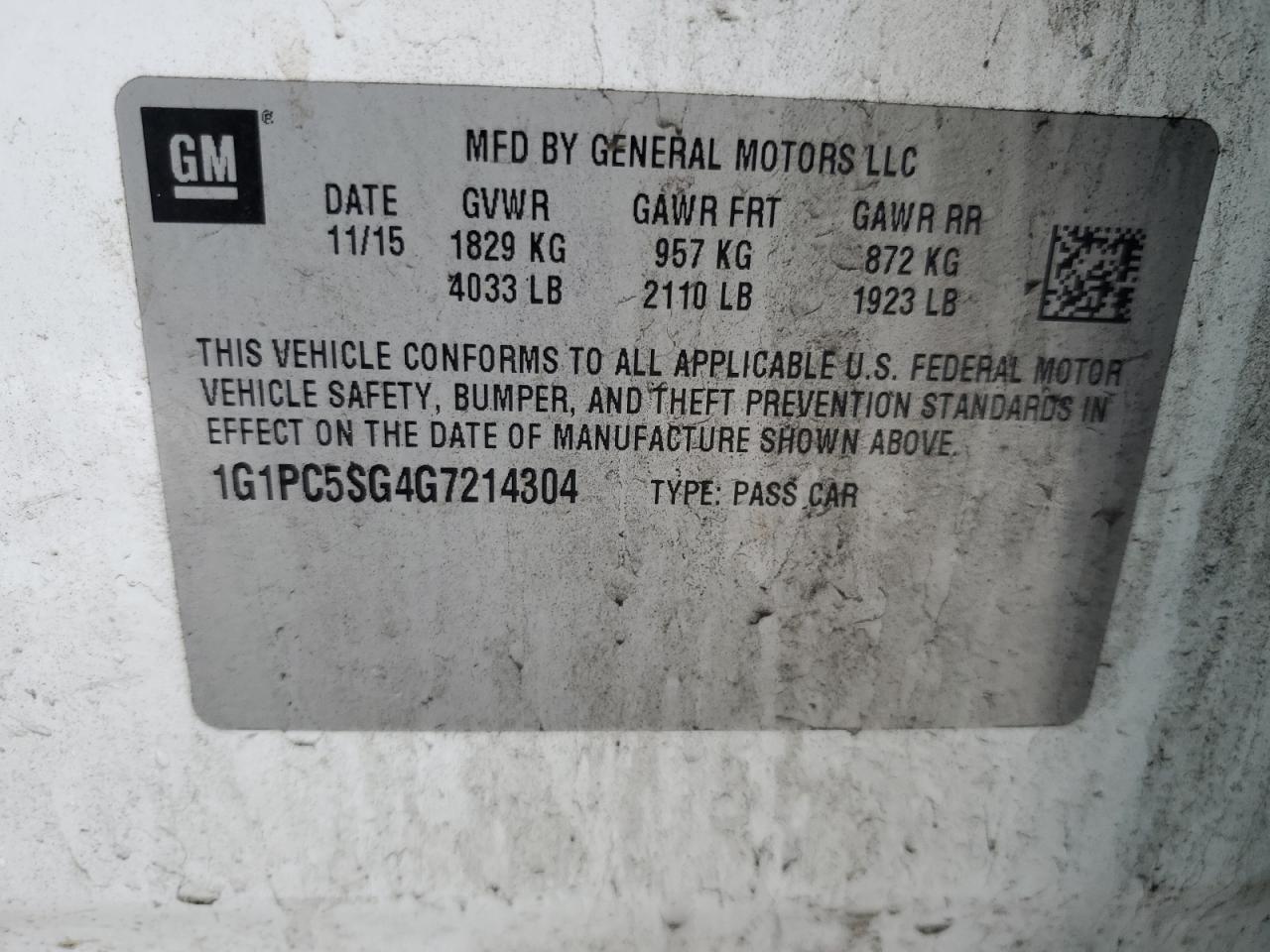 1G1PC5SG4G7214304 CHEVROLET CRUZE 2016