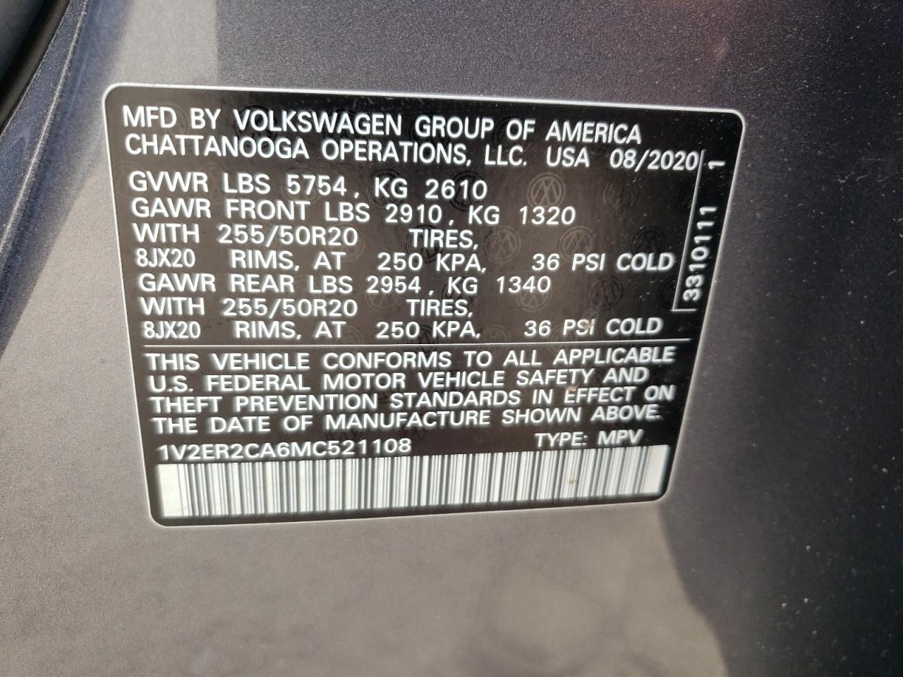 2021 Volkswagen Atlas Sel vin: 1V2ER2CA6MC521108