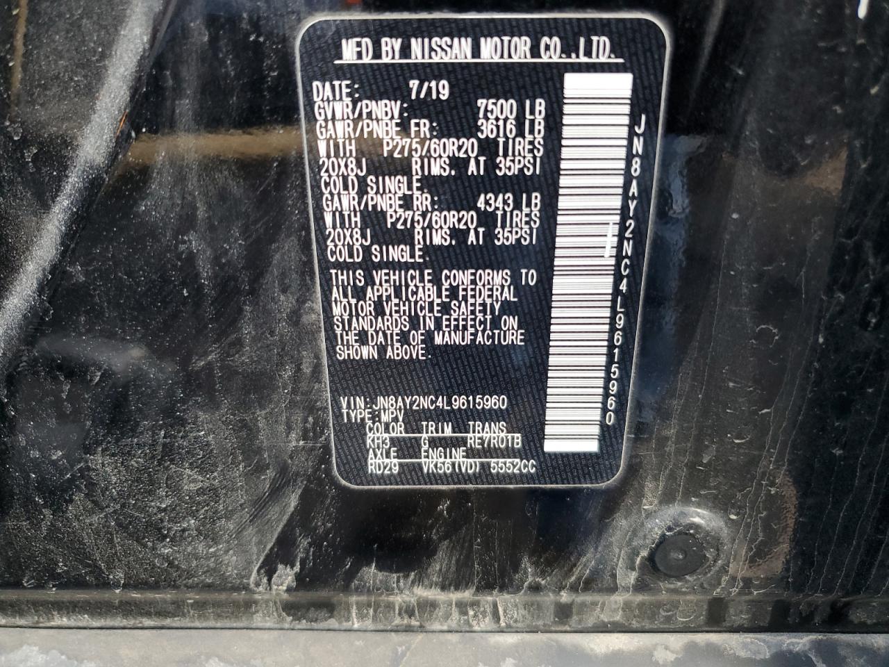 JN8AY2NC4L9615960 2020 Nissan Armada Sv