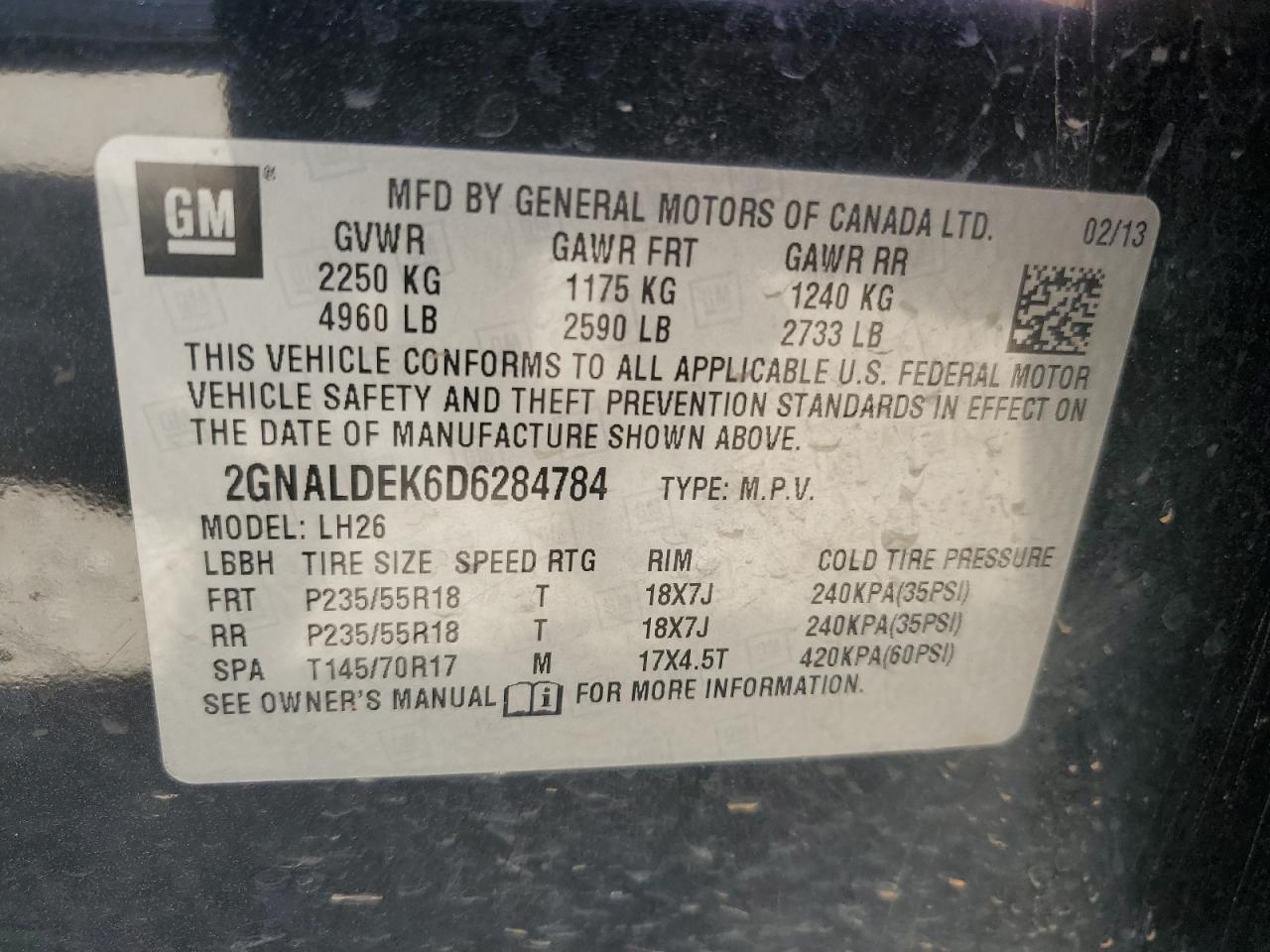 2GNALDEK6D6284784 2013 Chevrolet Equinox Lt