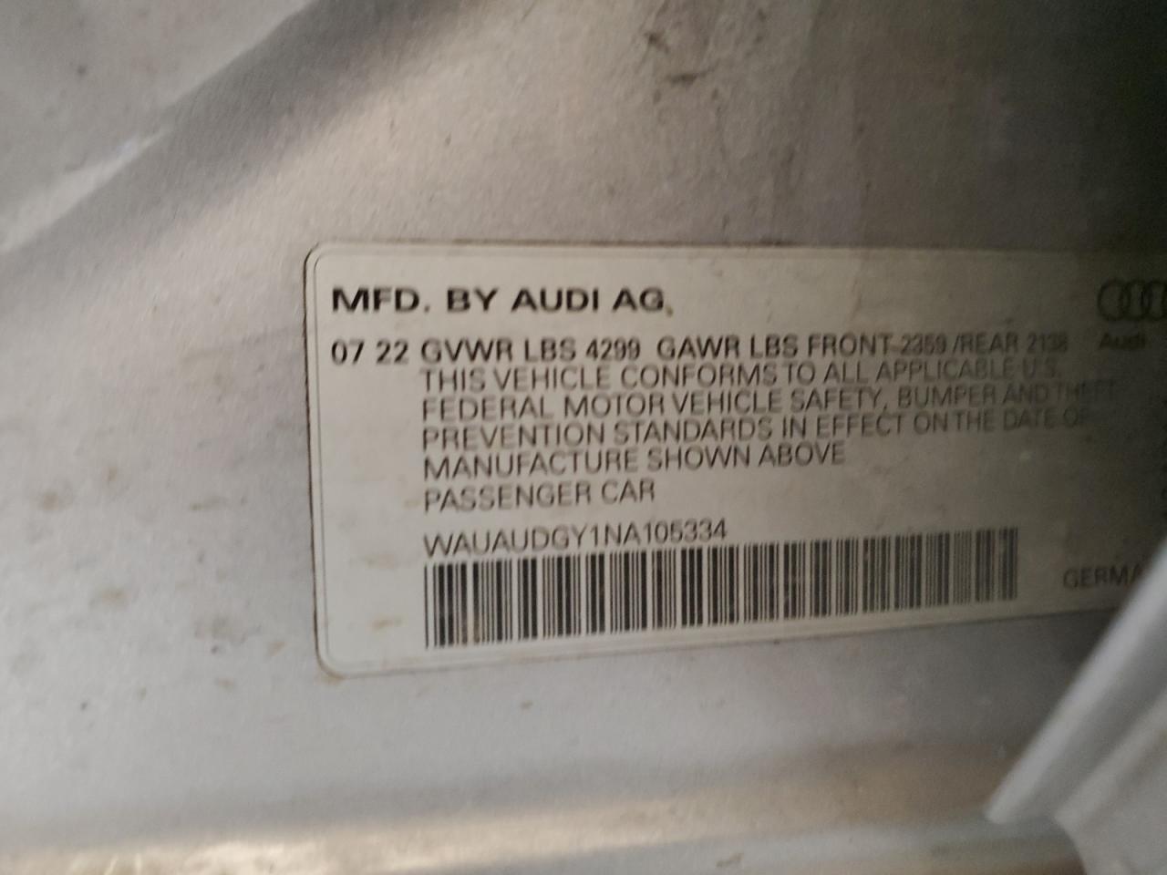 WAUAUDGY1NA105334 2022 Audi A3 Premium